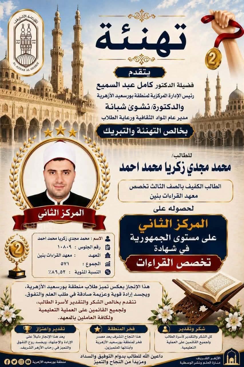  الطالب محمد مجدي زكريا يحصد المركز الثاني على مستوى الجمهورية في «التخصص القراءات»